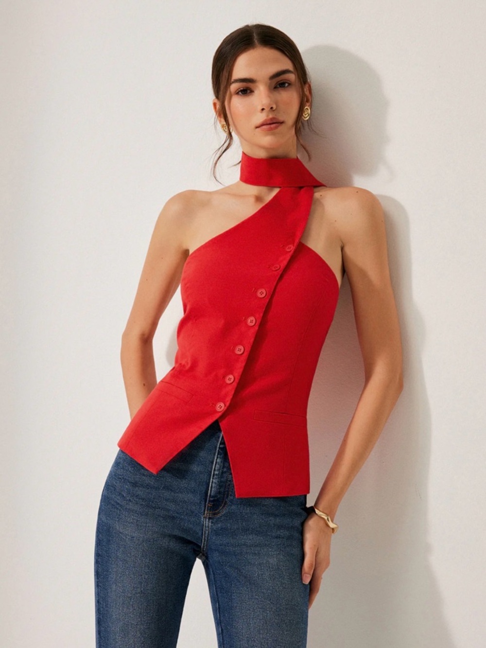 NWT Commense Red Halter Linen Top Size S